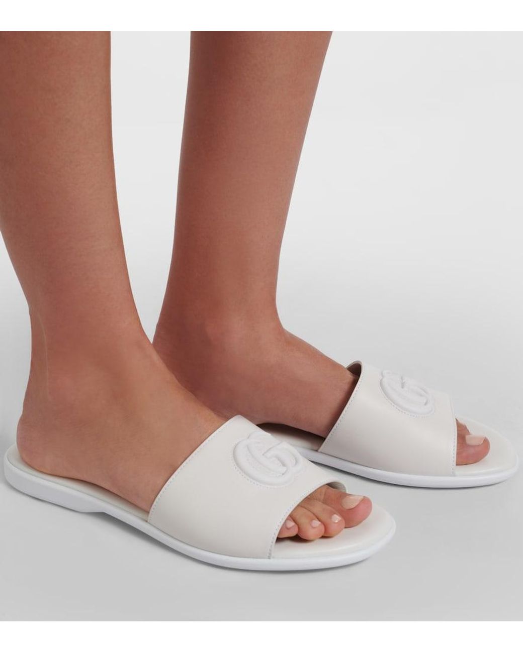 Gucci White Double G Leather Slides