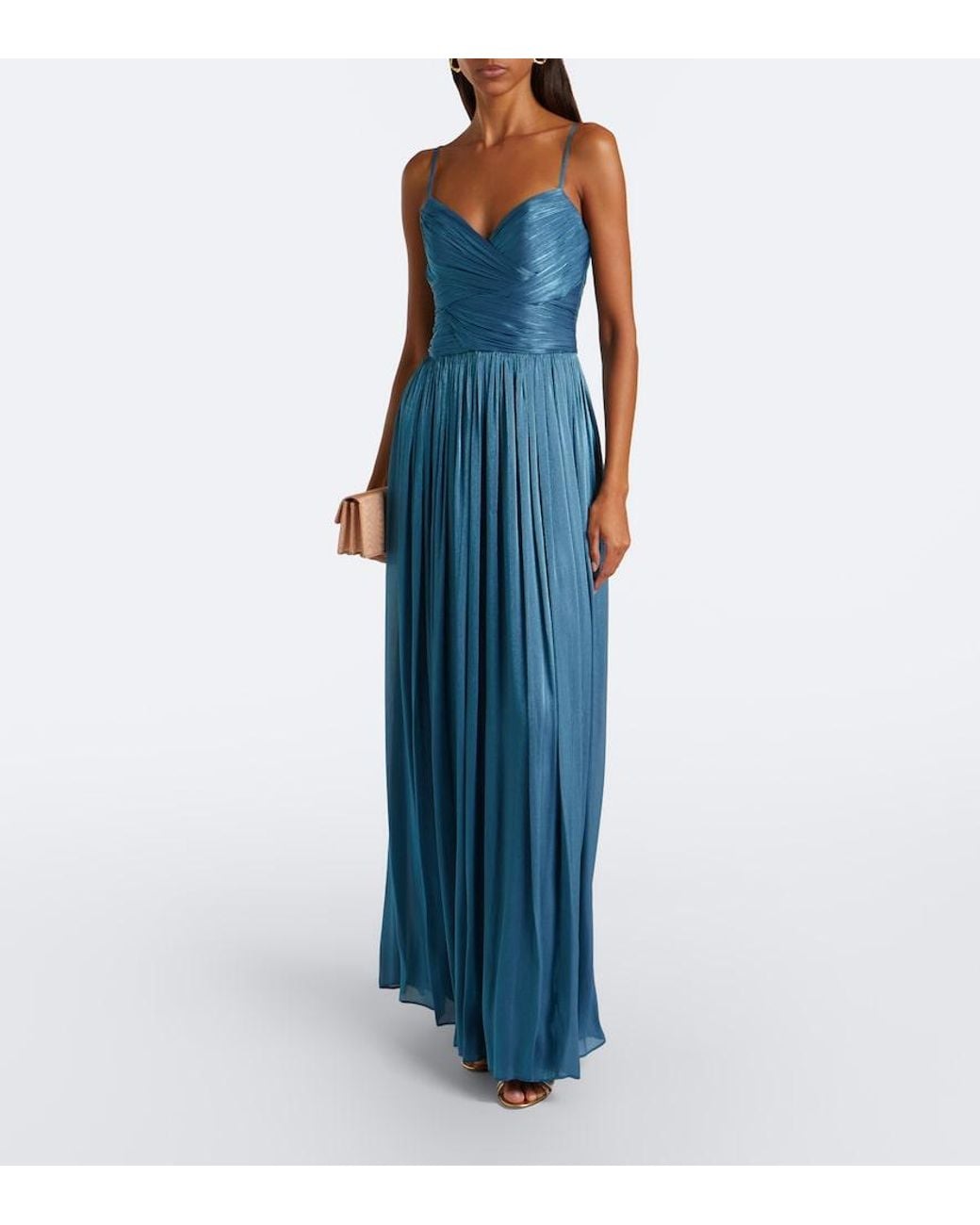 Costarellos Blue Embellished Pleated Caped Bustier Gown