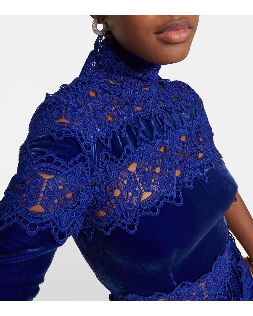 Costarellos Blue Lissie Lace And Velvet Gown