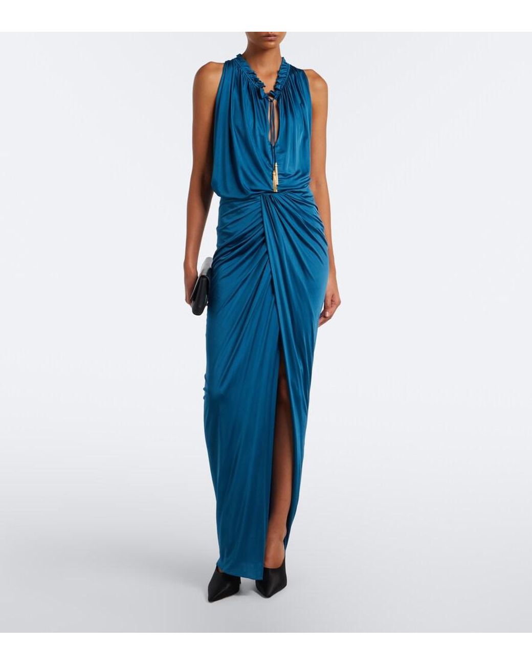 Balmain Blue Draped Satin Maxi Skirt
