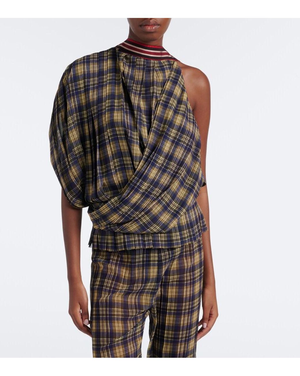 Dries Van Noten Gray Checked Draped One-Shoulder Top