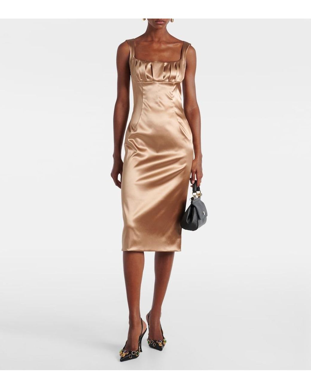 Dolce & Gabbana Brown Pleated Satin Midi Dress