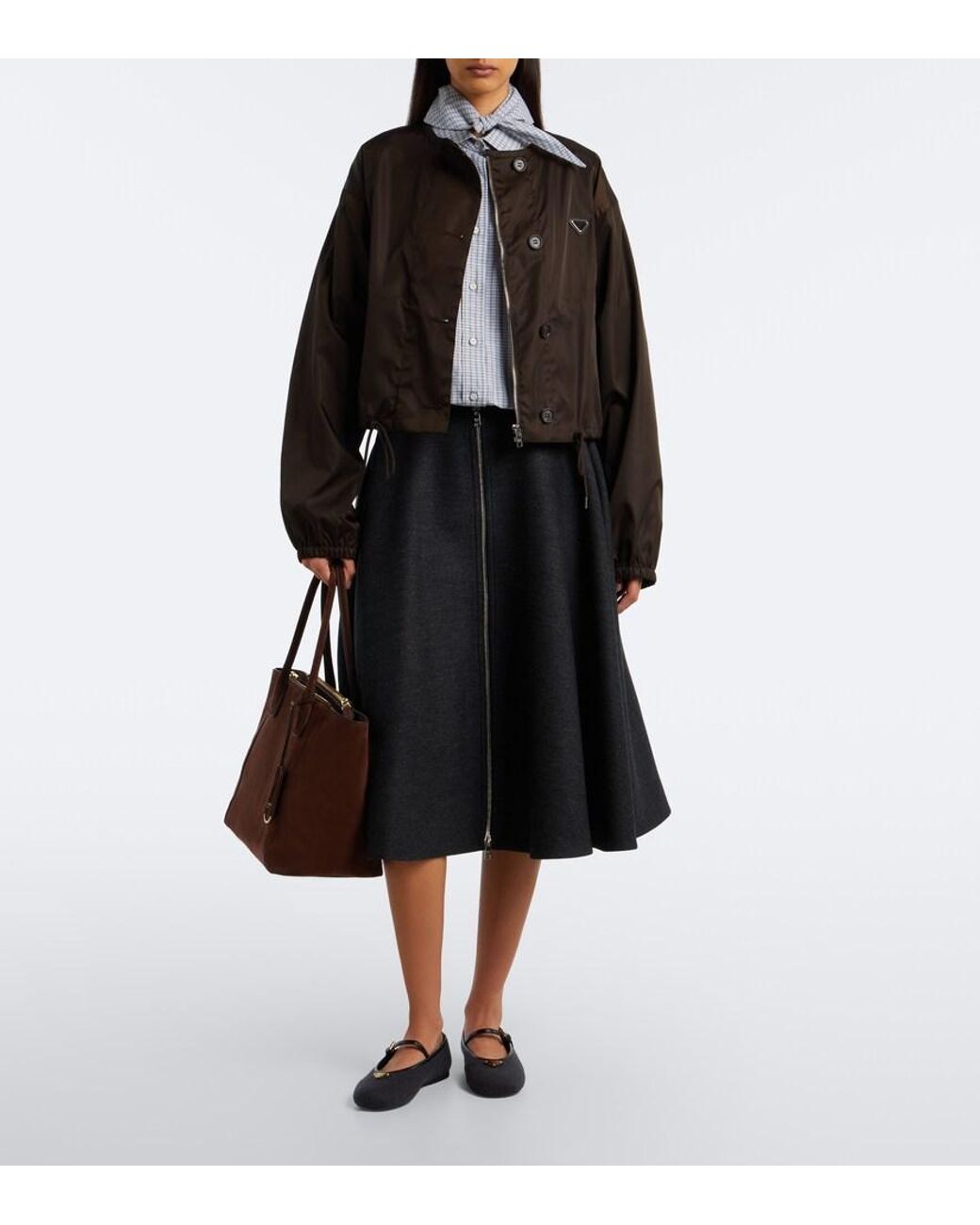 Prada Black Leather-Trimmed Cashmere Mary Jane Flats