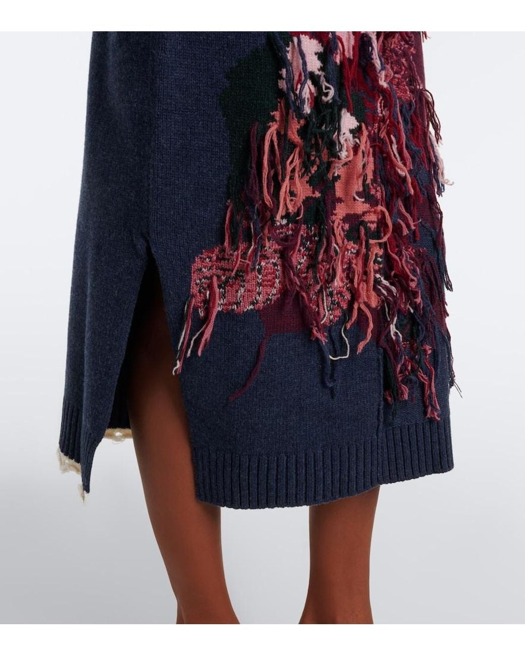 Erdem Blue Fringed Intarsia Wool Midi Skirt