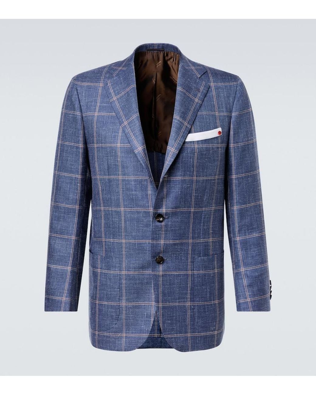 Kiton Blue Checked Cashmere, Wool, Silk, And Linen Blazer for men