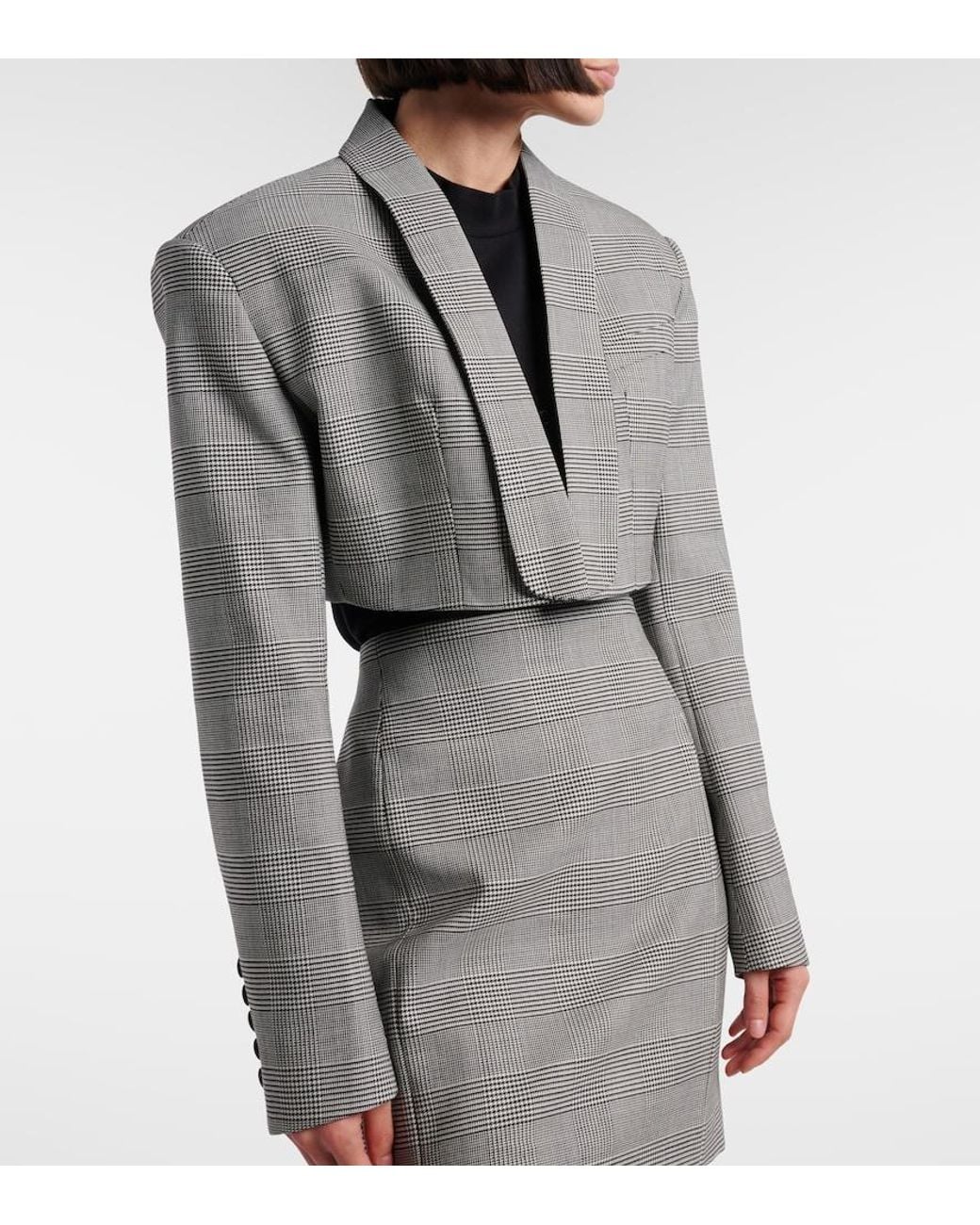 Balmain Gray Houndstooth Cropped Wool-Blend Blazer