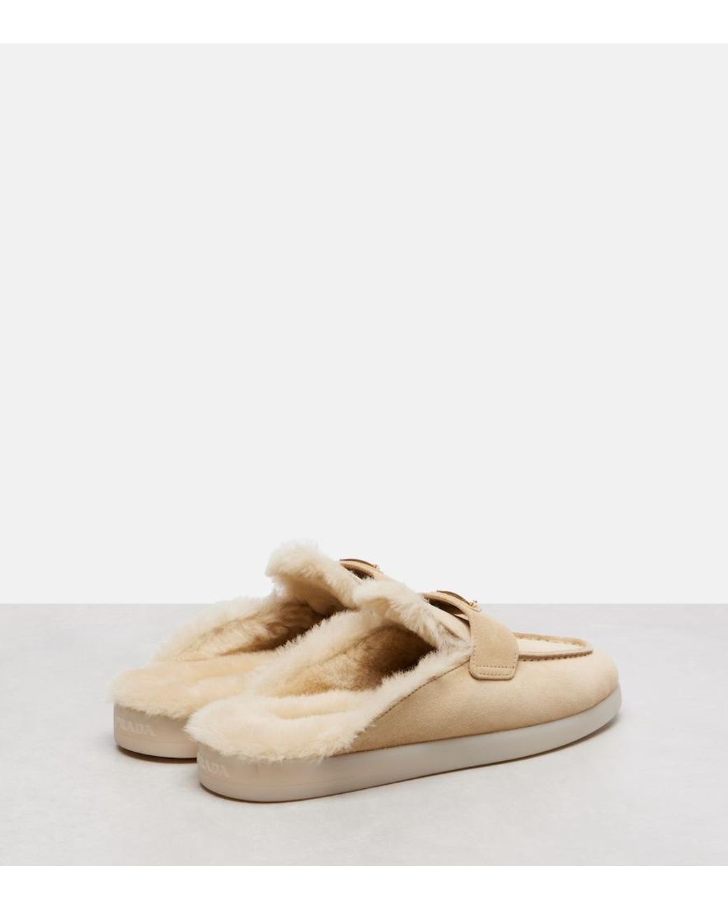 Prada Natural Shearling-Lined Suede Mules