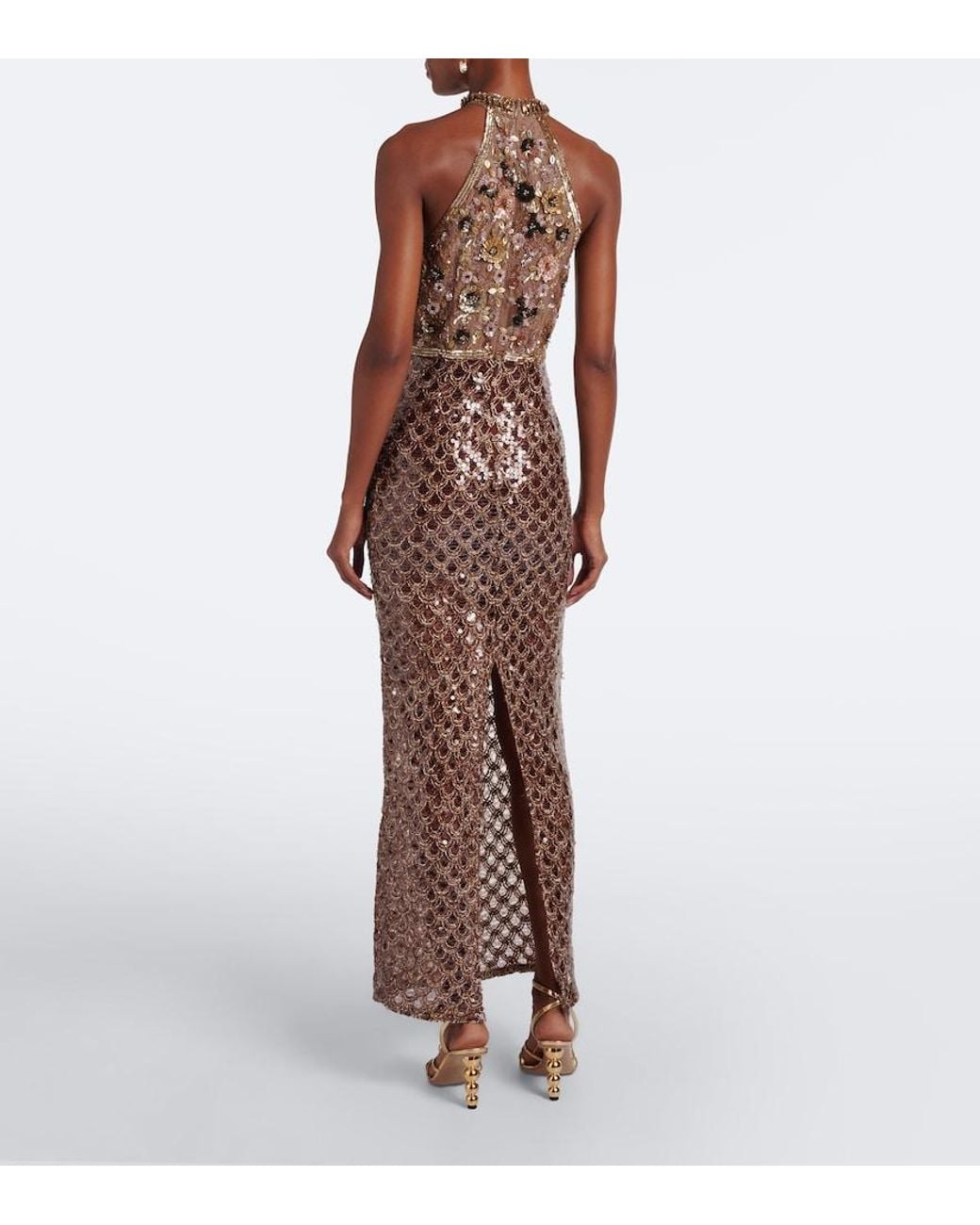 La Fuori Brown Scales Of Embellished Halterneck Gown