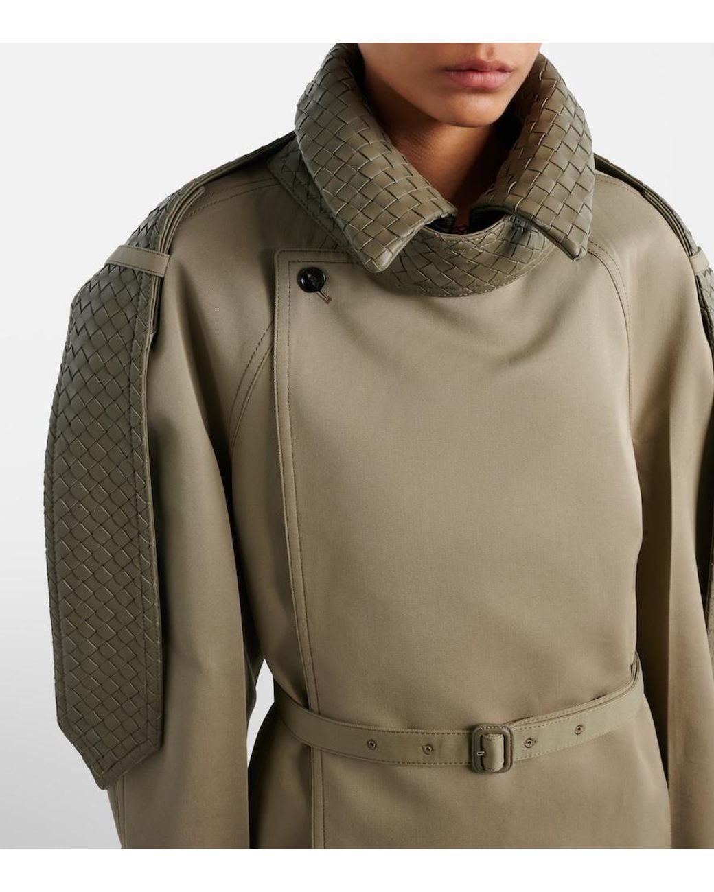 Bottega Veneta Natural Intrecciato Leather-Trimmed Trench Coat