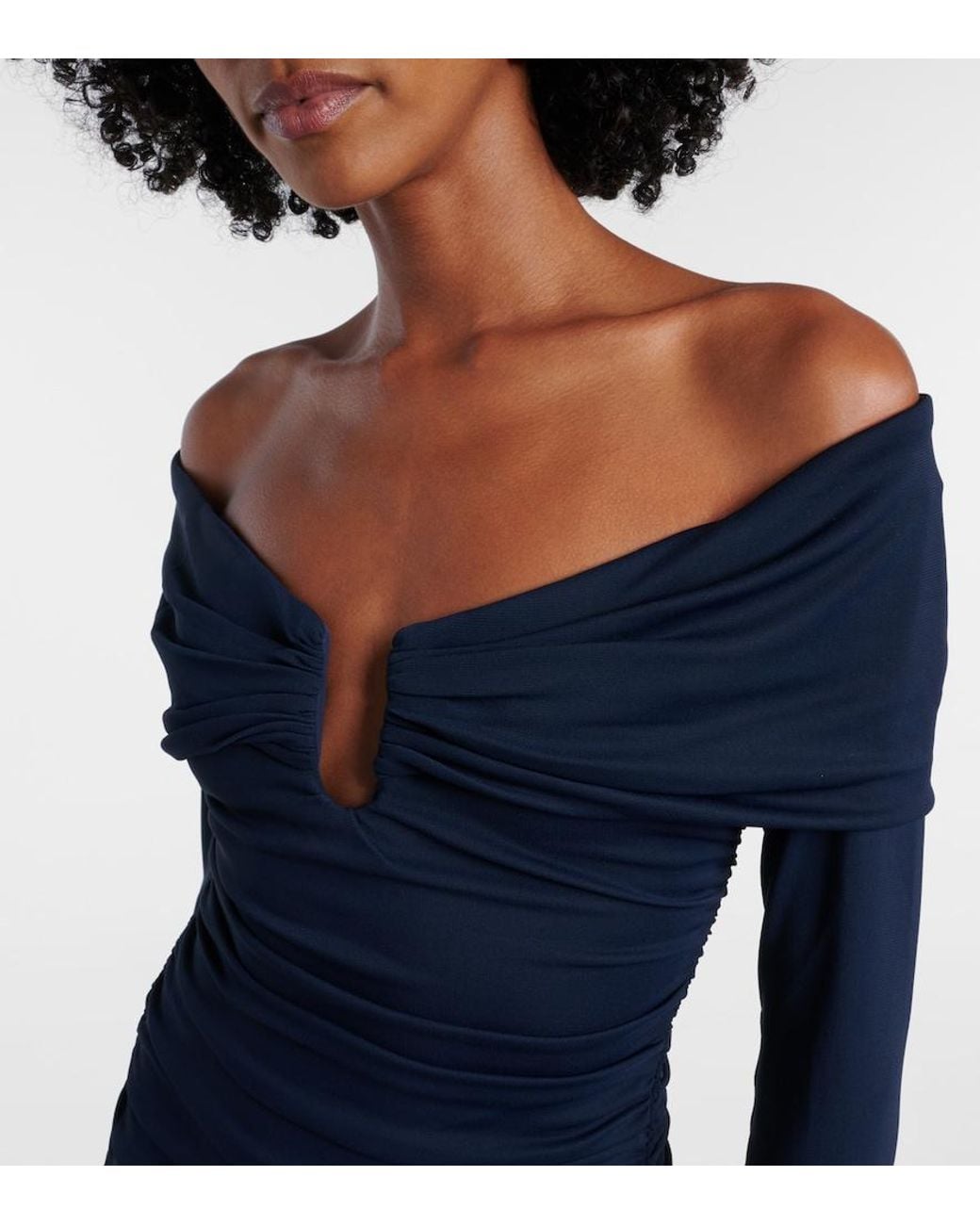 Carolina Herrera Blue Off-Shoulder Ruched Midi Dress