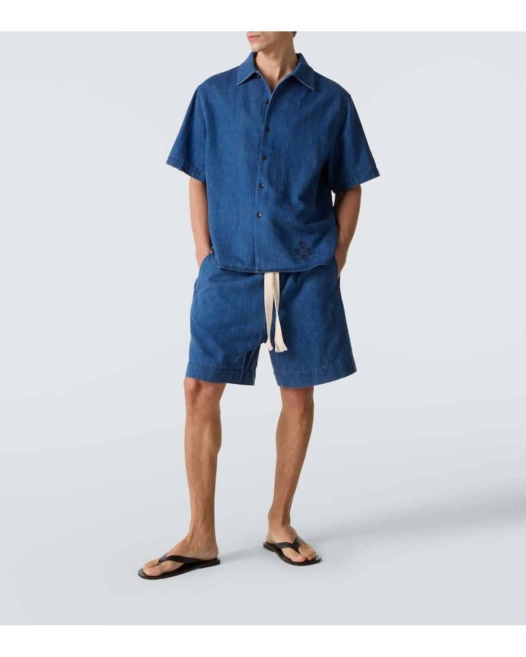 Commas Blue Embroidered Oversized Cotton-Blend Denim Bowling Shirt for men