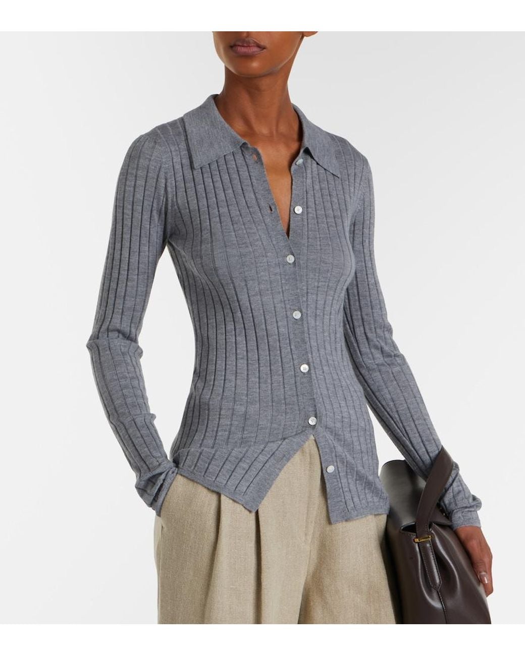Totême  Gray Ribbed-Knit Cashmere And Silk Cardigan
