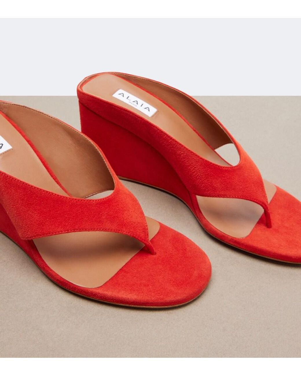 Alaïa Red Cube Suede Wedge Thong Sandals
