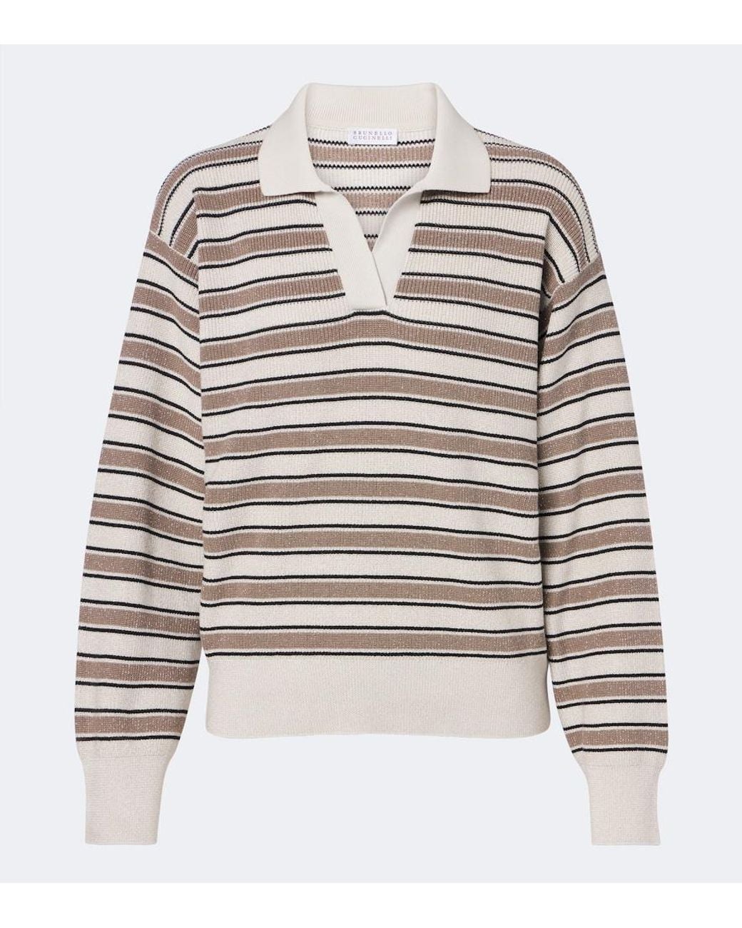 Brunello Cucinelli Gray Striped Cotton-Blend Polo Sweater