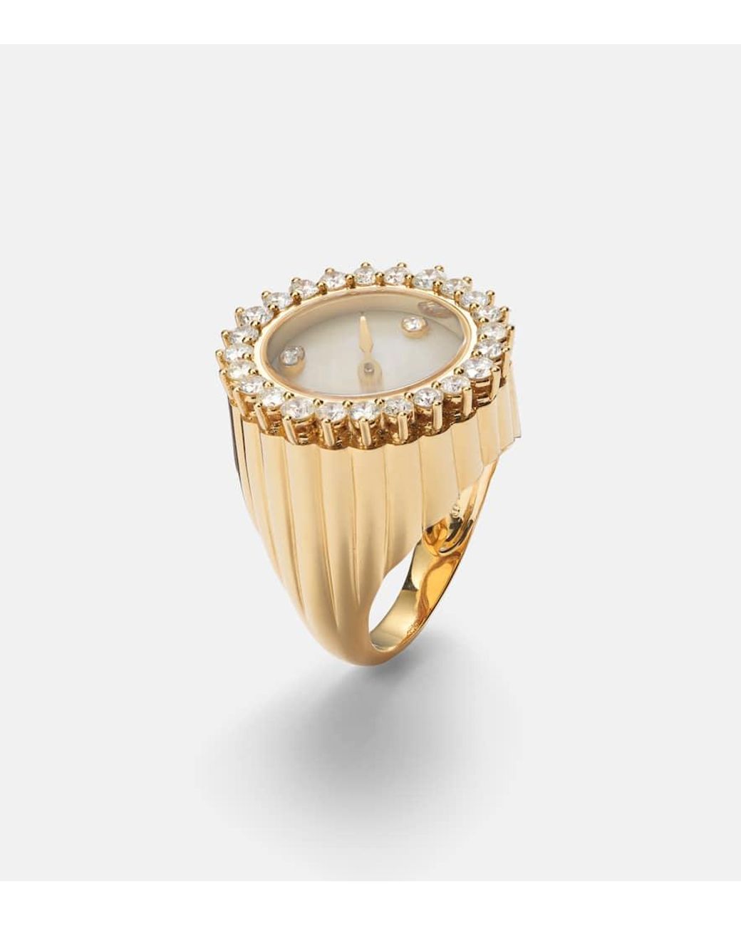 Yvonne Léon Metallic Ring L'Horloge Aus 18Kt Gelbgold (750/1000) Mit Perlmutt Und Diamanten