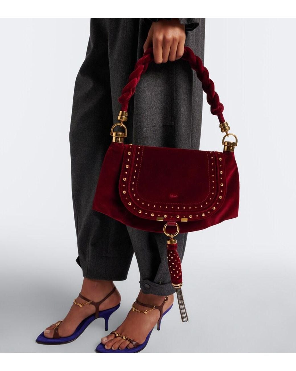 Chloé Red Marcie Foulard Small Velvet Shoulder Bag