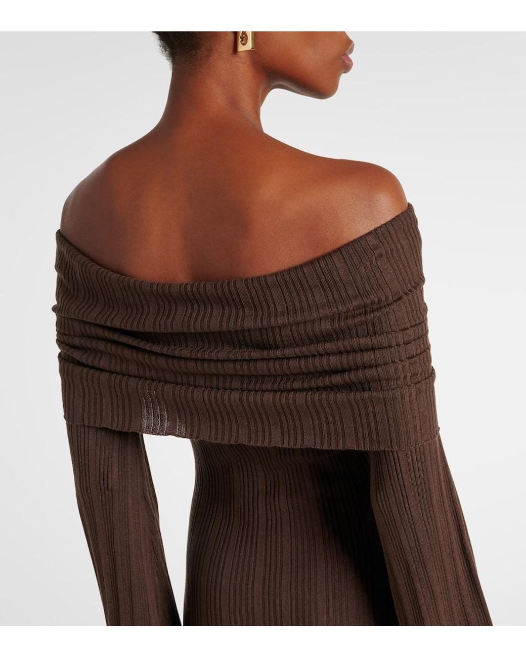 AYA MUSE Brown Off-Shoulder Silk-Blend Jersey Maxi Dress