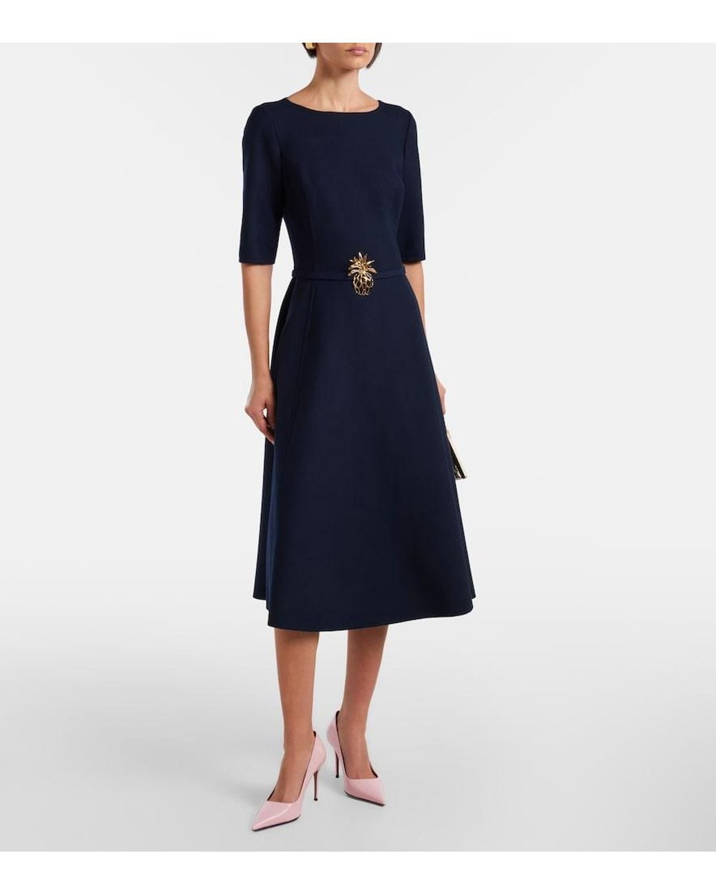 Oscar de la Renta Blue Belted Wool-Blend Midi Dress