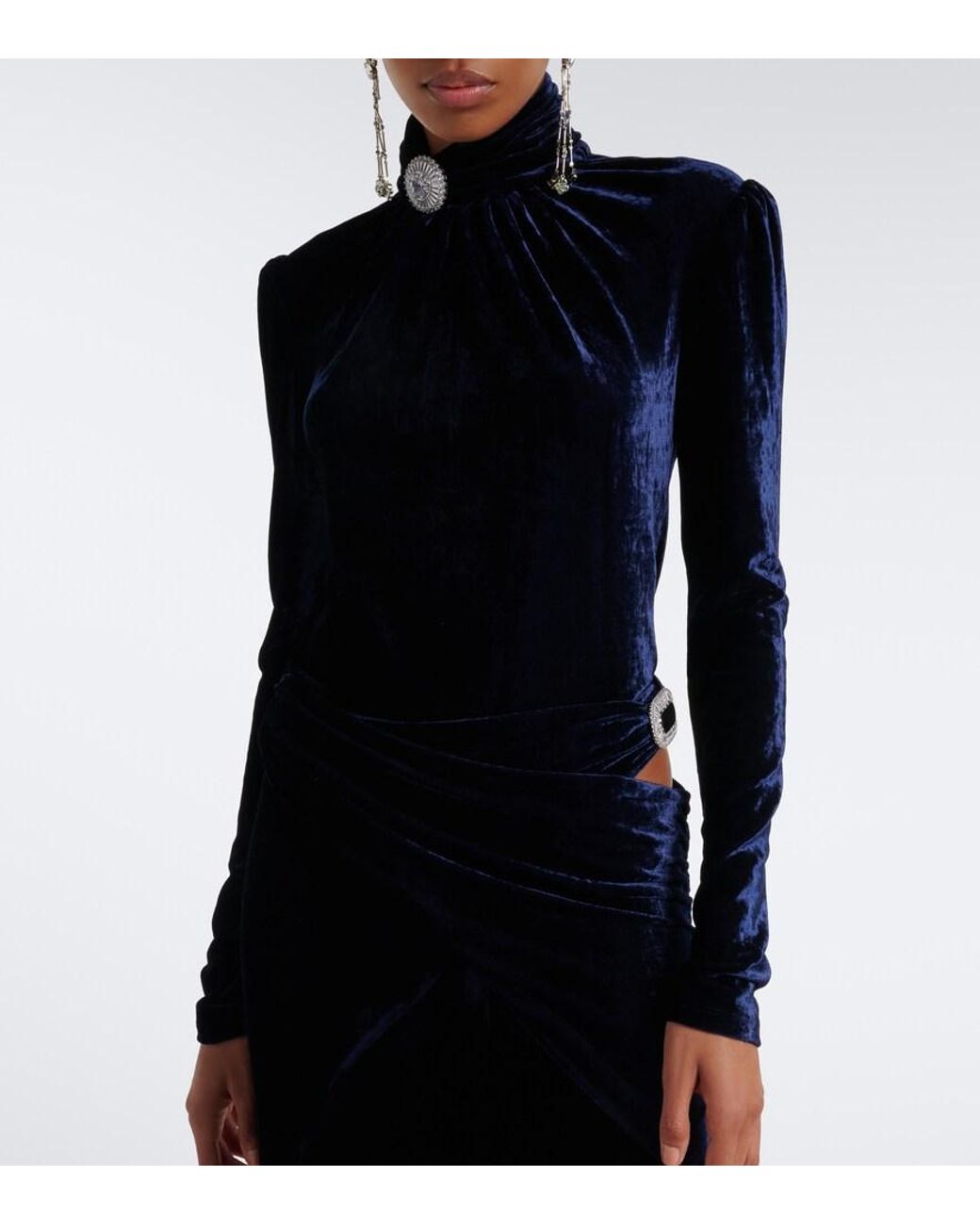 Rabanne Blue Embellished Gathered Velvet Top