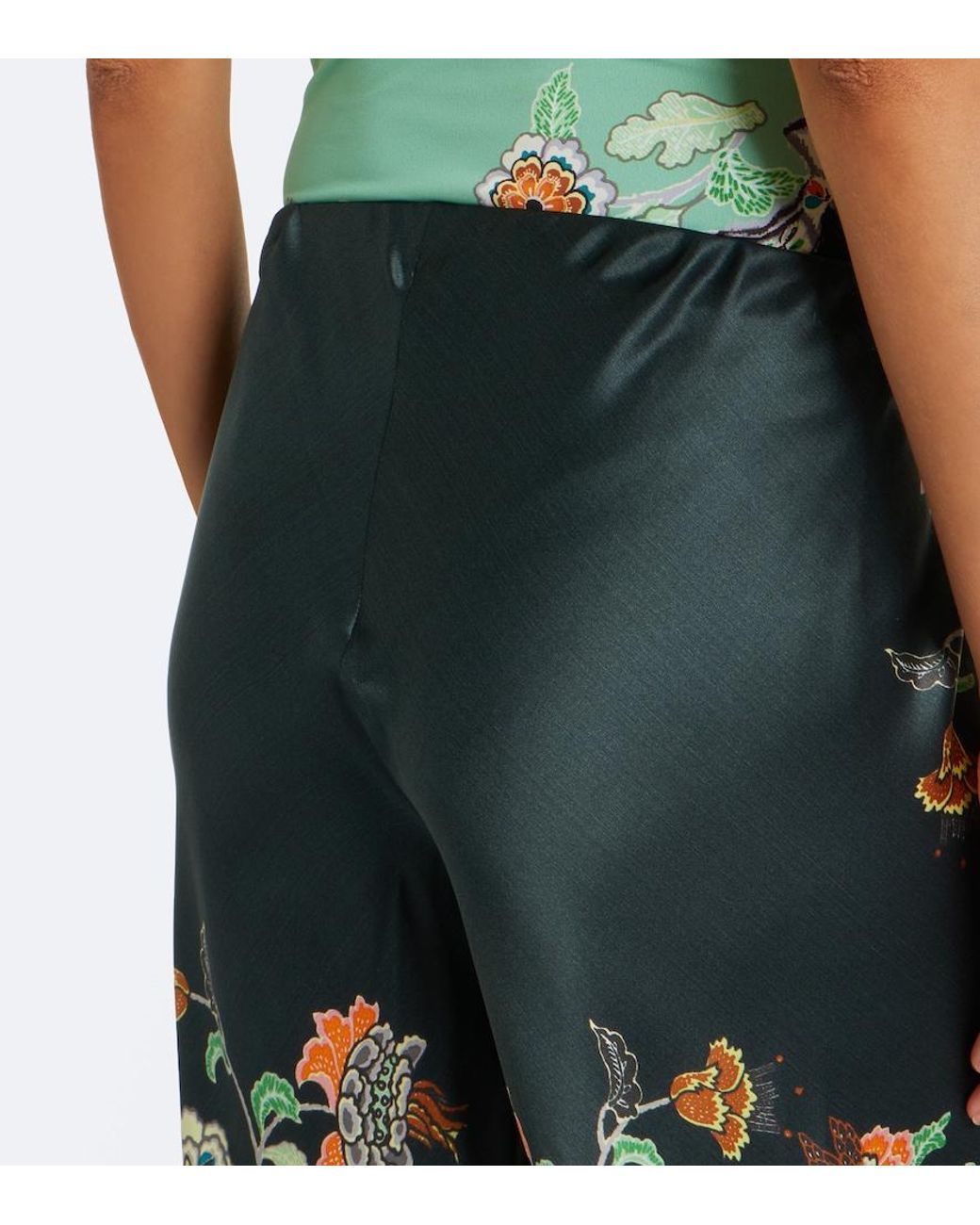 Roberto Cavalli Green Floral Silk Satin Flared Pants