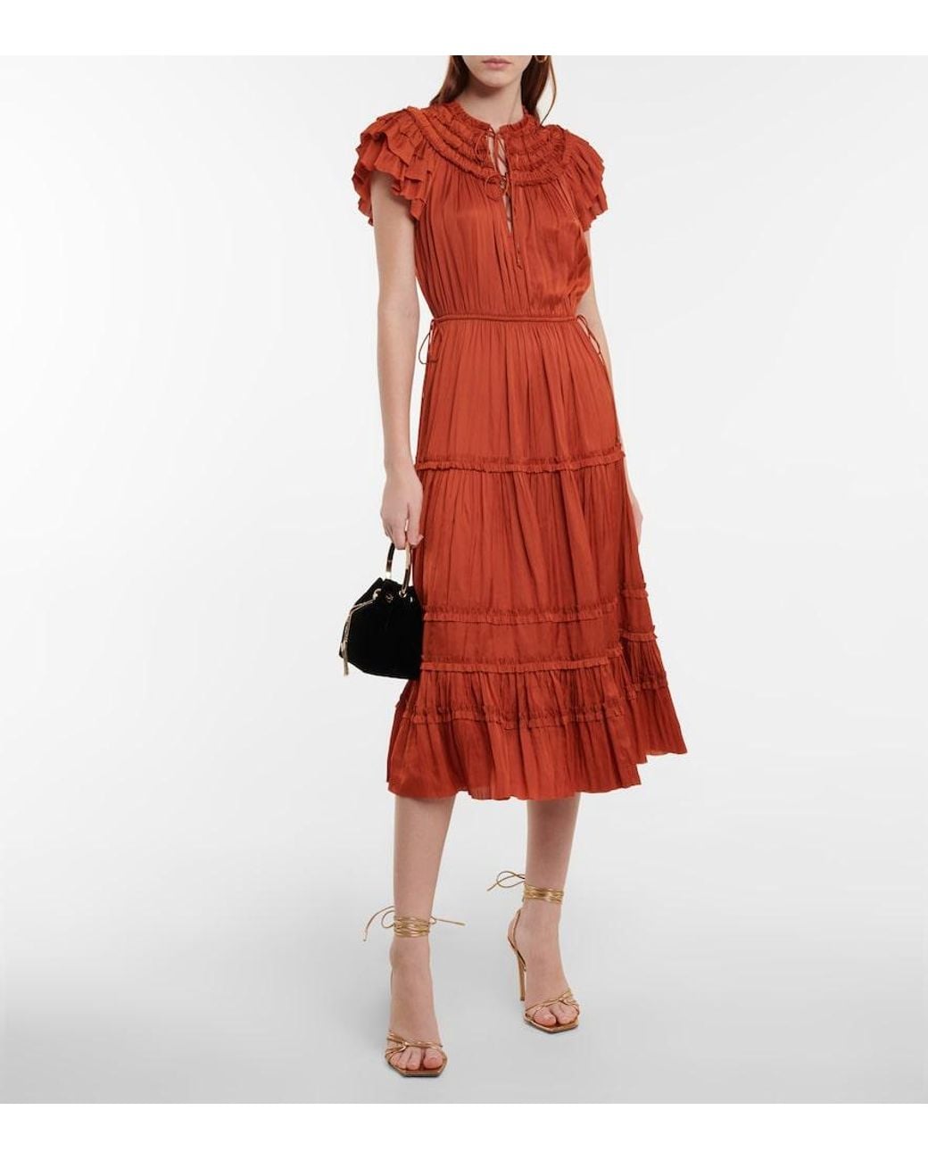 Ulla Johnson Orange Isadora Pleated Satin Midi Dress
