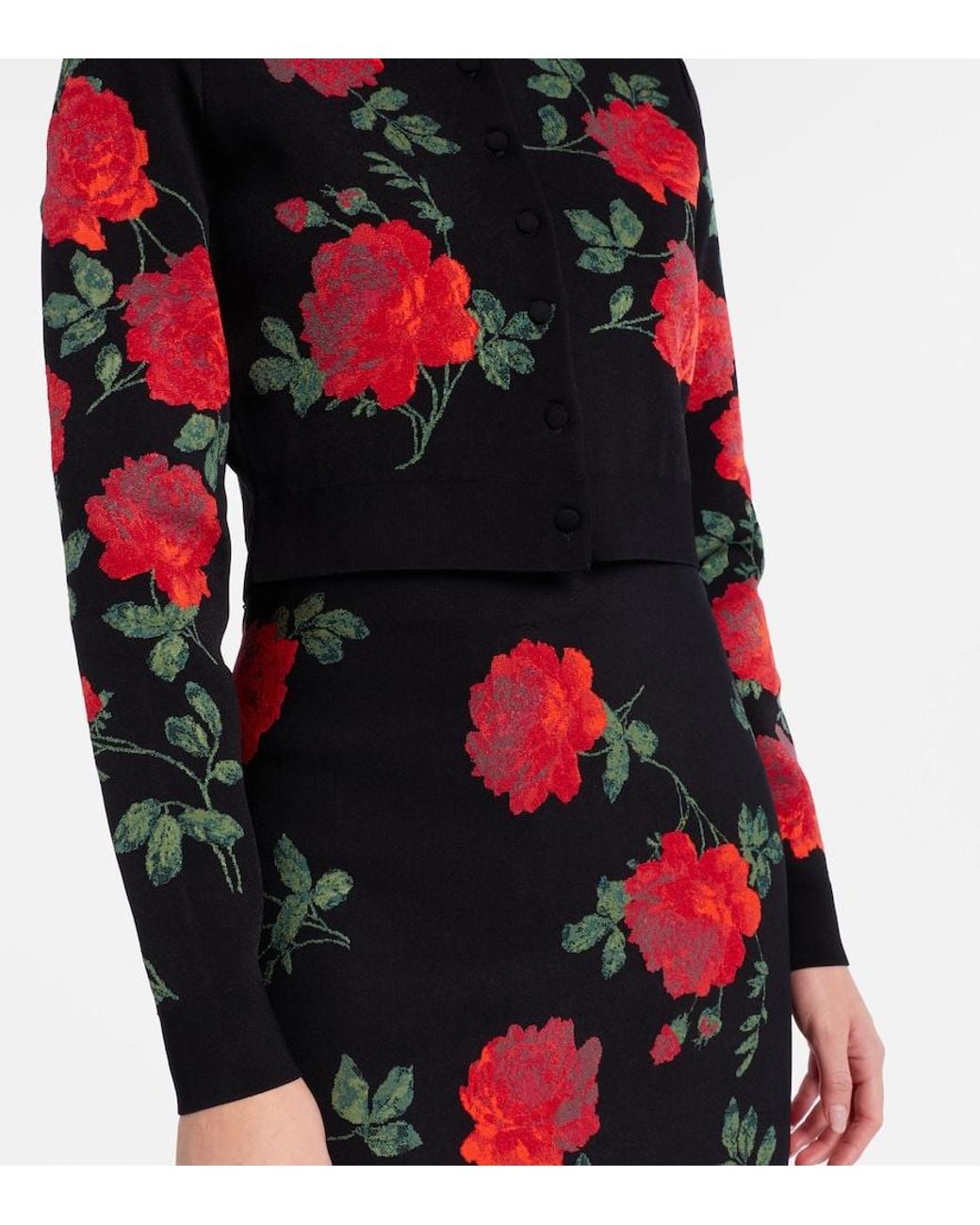 Carolina Herrera Red Floral Cropped Jacquard Cardigan