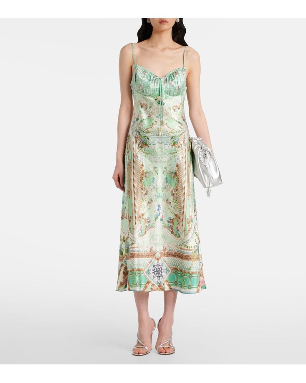 Camilla Green Gathered Silk Midi Dress