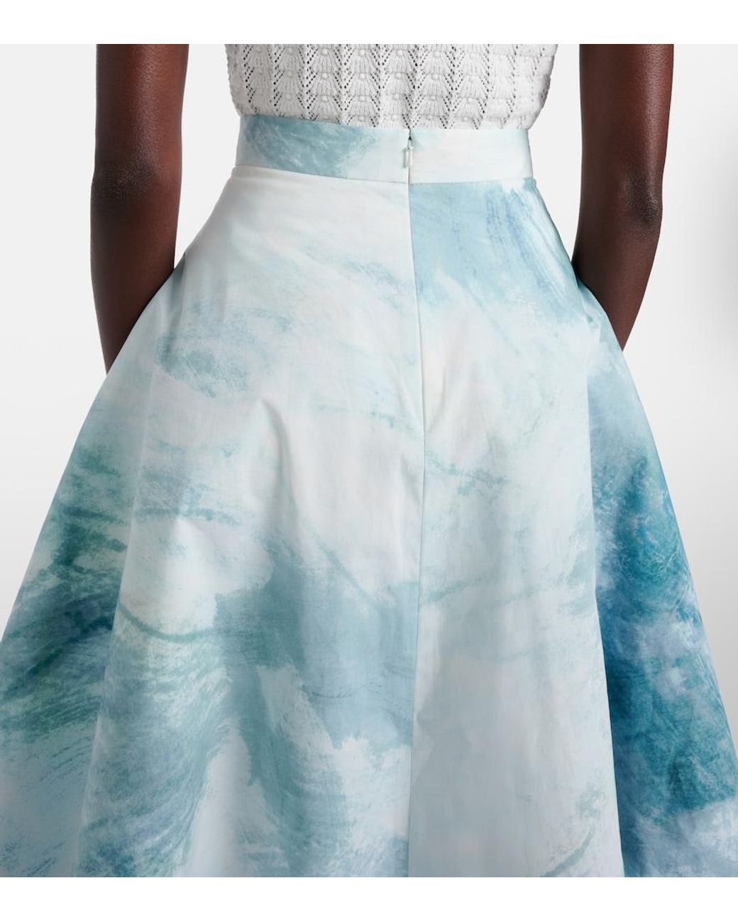 Oscar de la Renta Blue Printed Cotton-Blend Poplin Midi Skirt