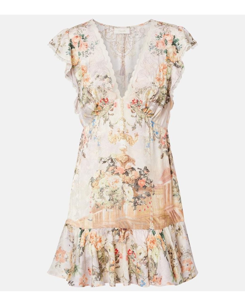 Camilla Natural Embellished Floral Lace-Trimmed Minidress