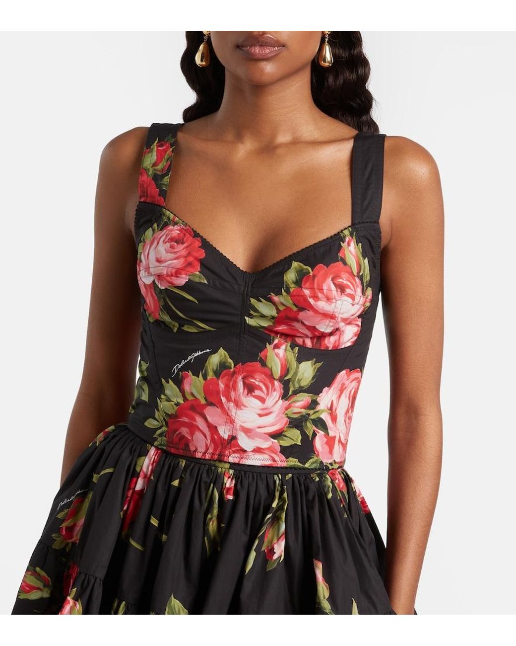 Dolce & Gabbana Red Floral Cotton-Blend Bustier Top