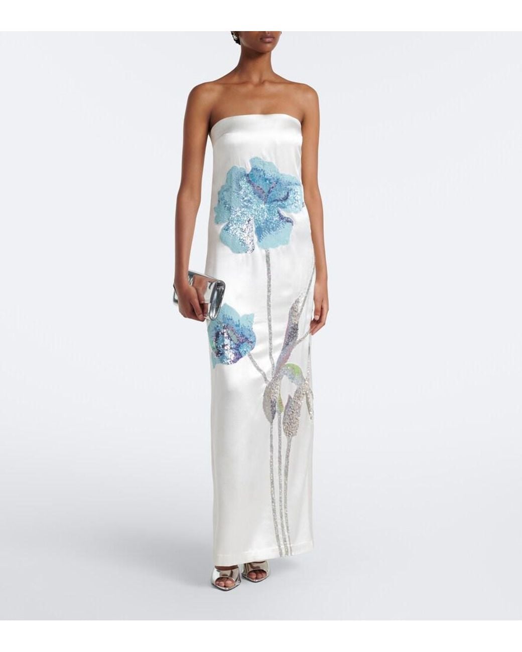 La Fuori Blue Floral Sequined Sik Satin Gown