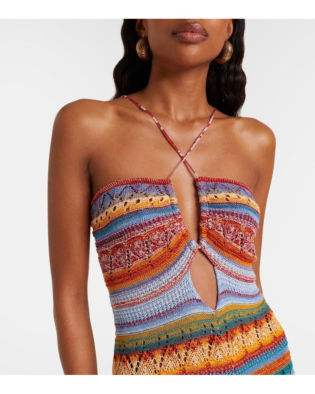 Etro White Striped Crochet Cotton Maxi Dress