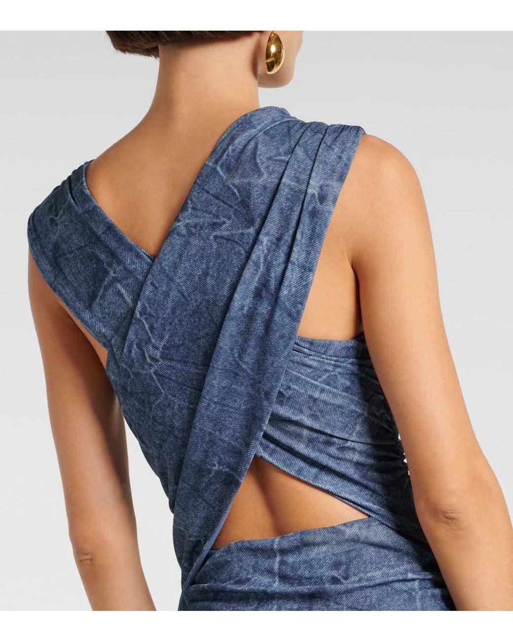 Ganni Blue Printed Ruched Mesh Maxi Dress