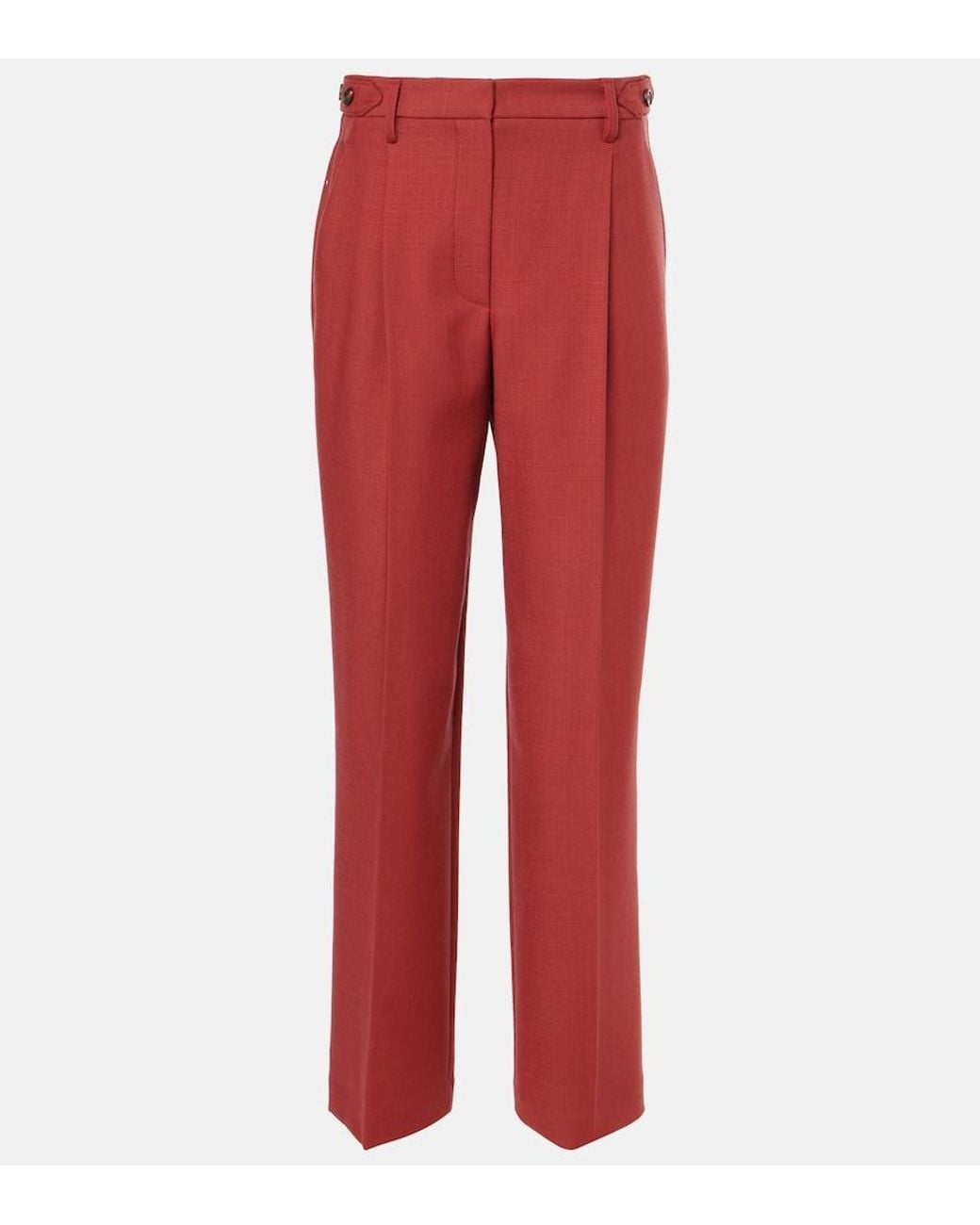 Brunello Cucinelli Red High-Rise Virgin Wool Twill Straight Pants