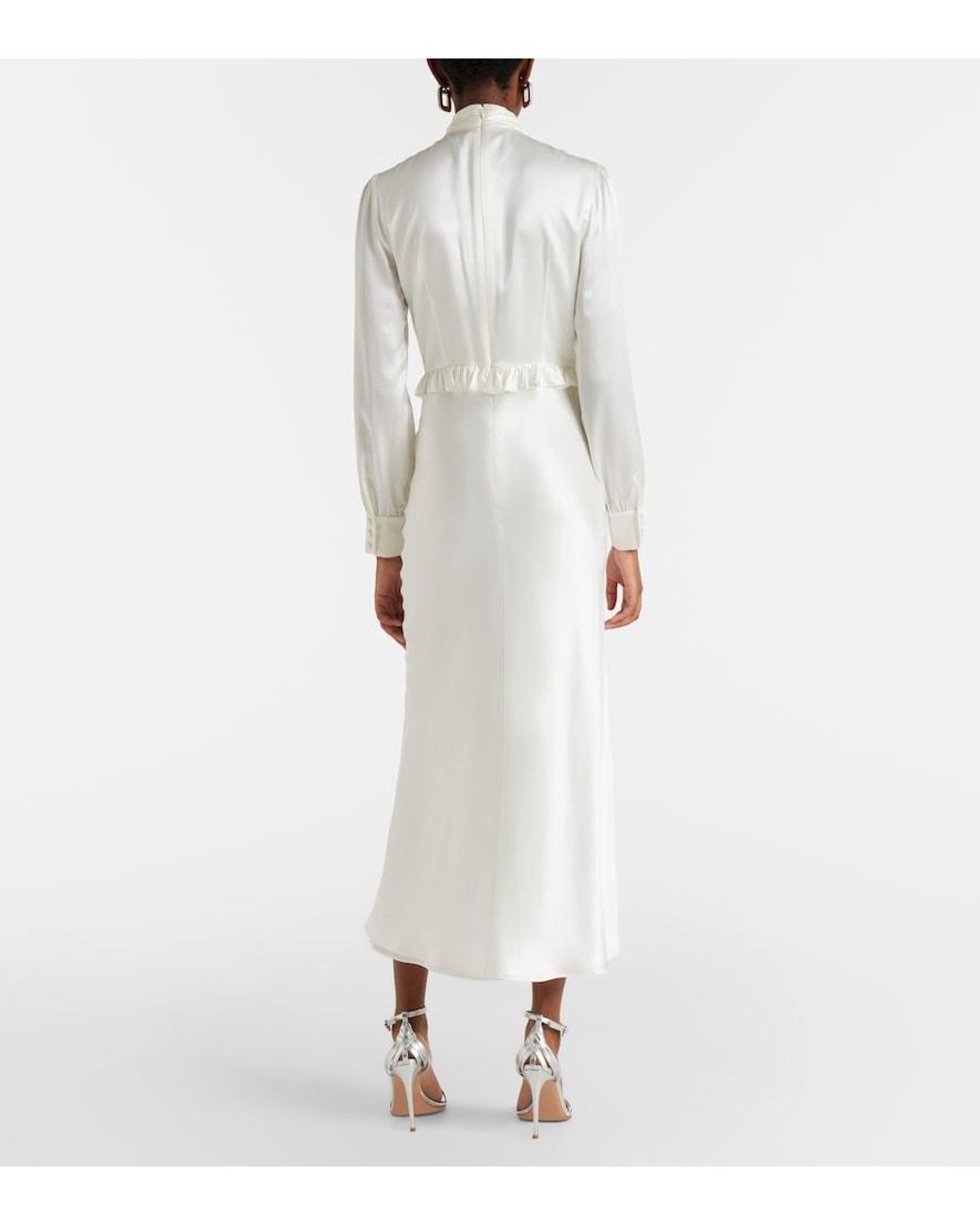 Alessandra Rich White Bow-Detail Ruffled Silk Satin Midi Dress