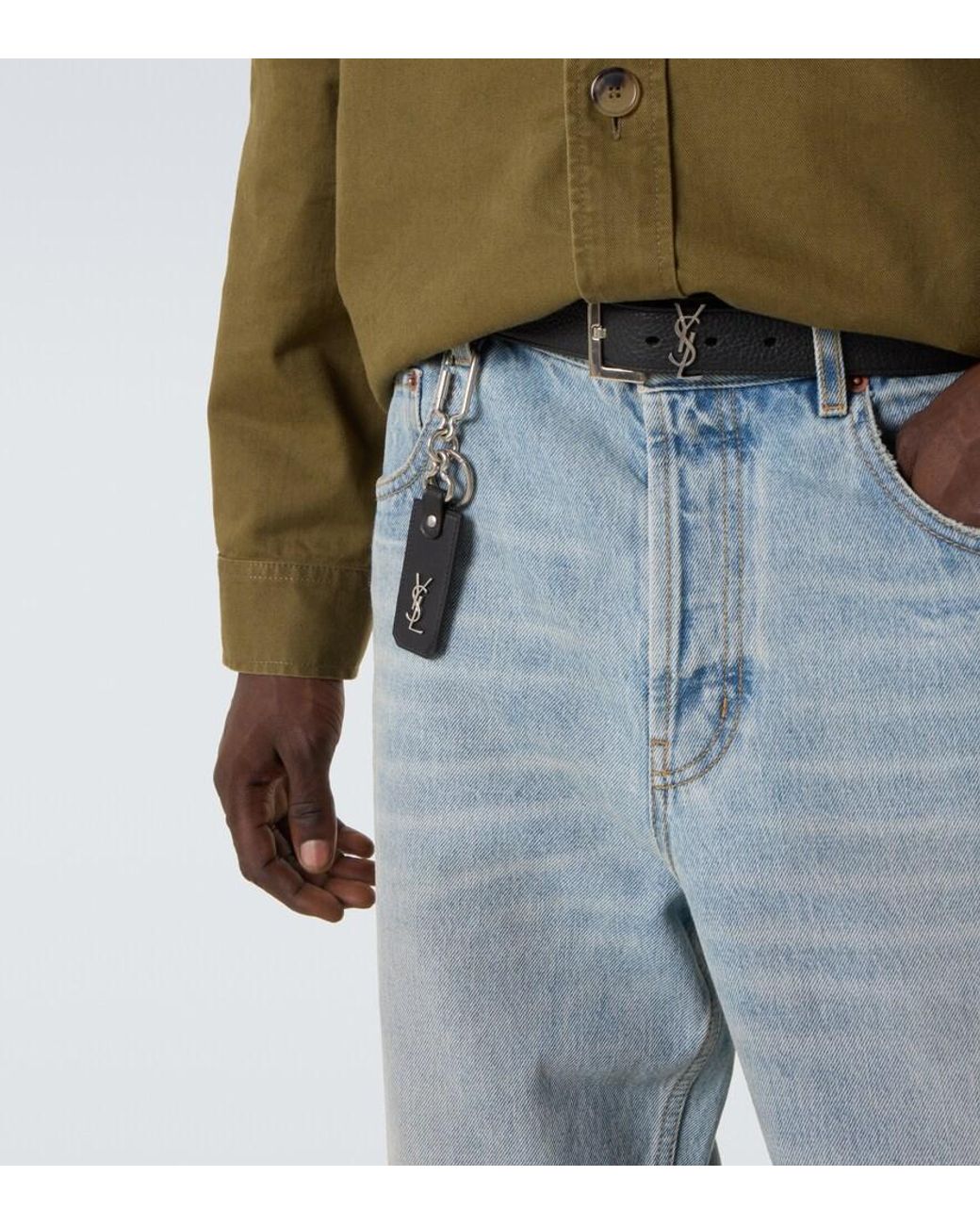 Saint Laurent White Cassandre Leather Keychain for men