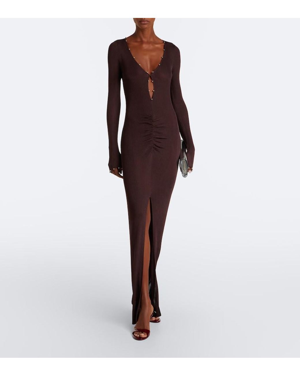 De La Vali Brown Elisia Ribbed-Knit Ruched Maxi Dress