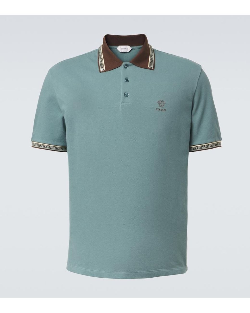 Versace Blue Greca Cotton Pique Polo Shirt for men