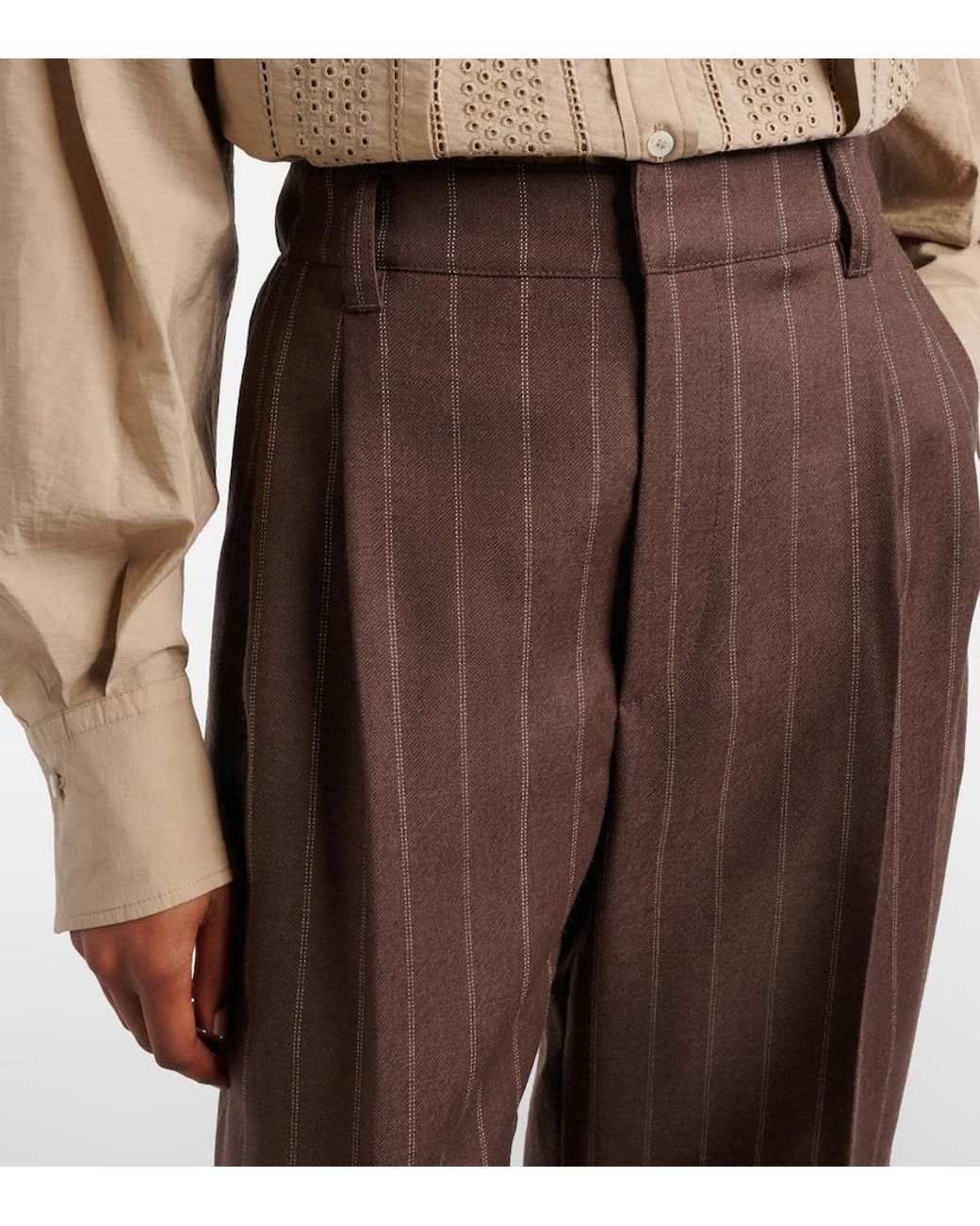 Brunello Cucinelli Brown Chalk Stripe Wool Cropped Flared Pants