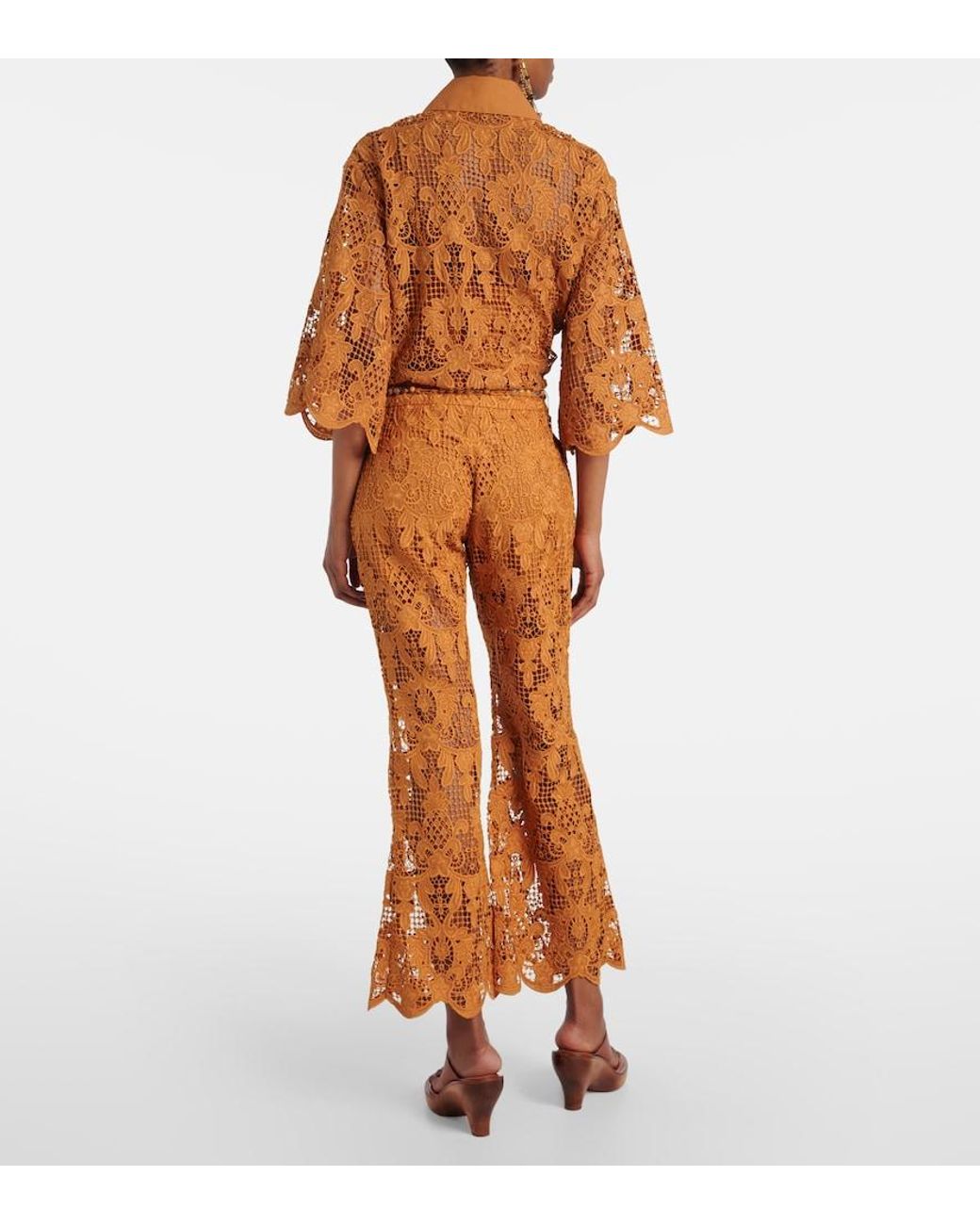 Zimmermann Brown Coco Scalloped Lace Flared Pants