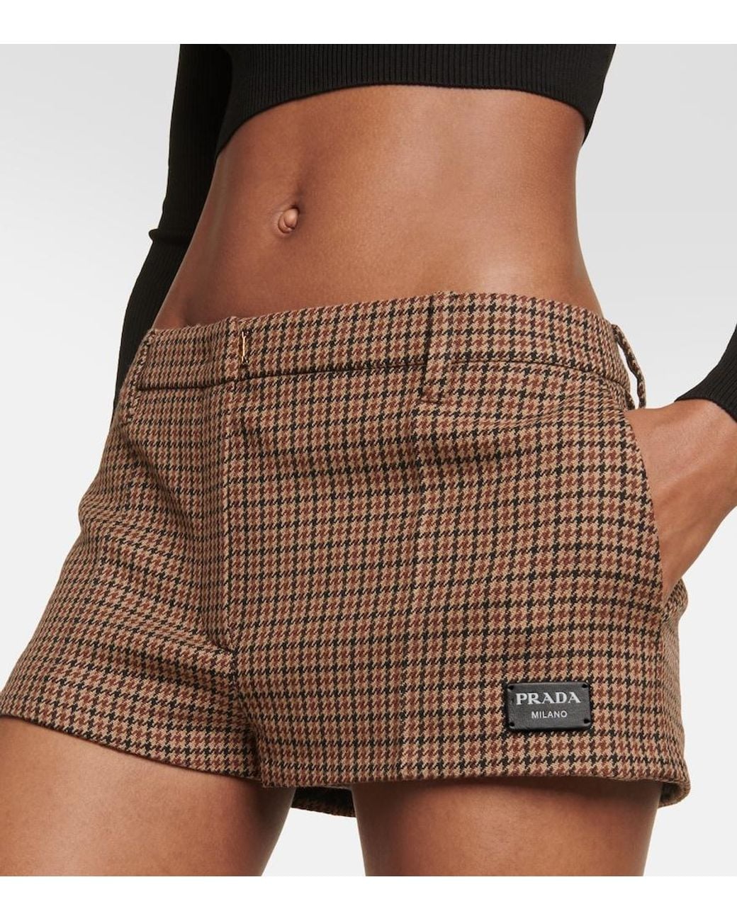 Prada Brown Houndstooth Virgin Wool Shorts