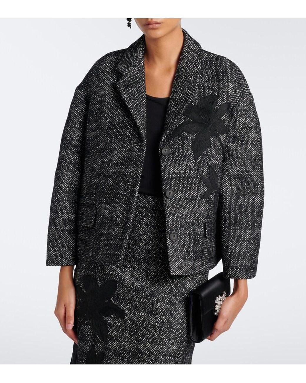 Erdem Black Cropped Embroidered Wool-Blend Jacket