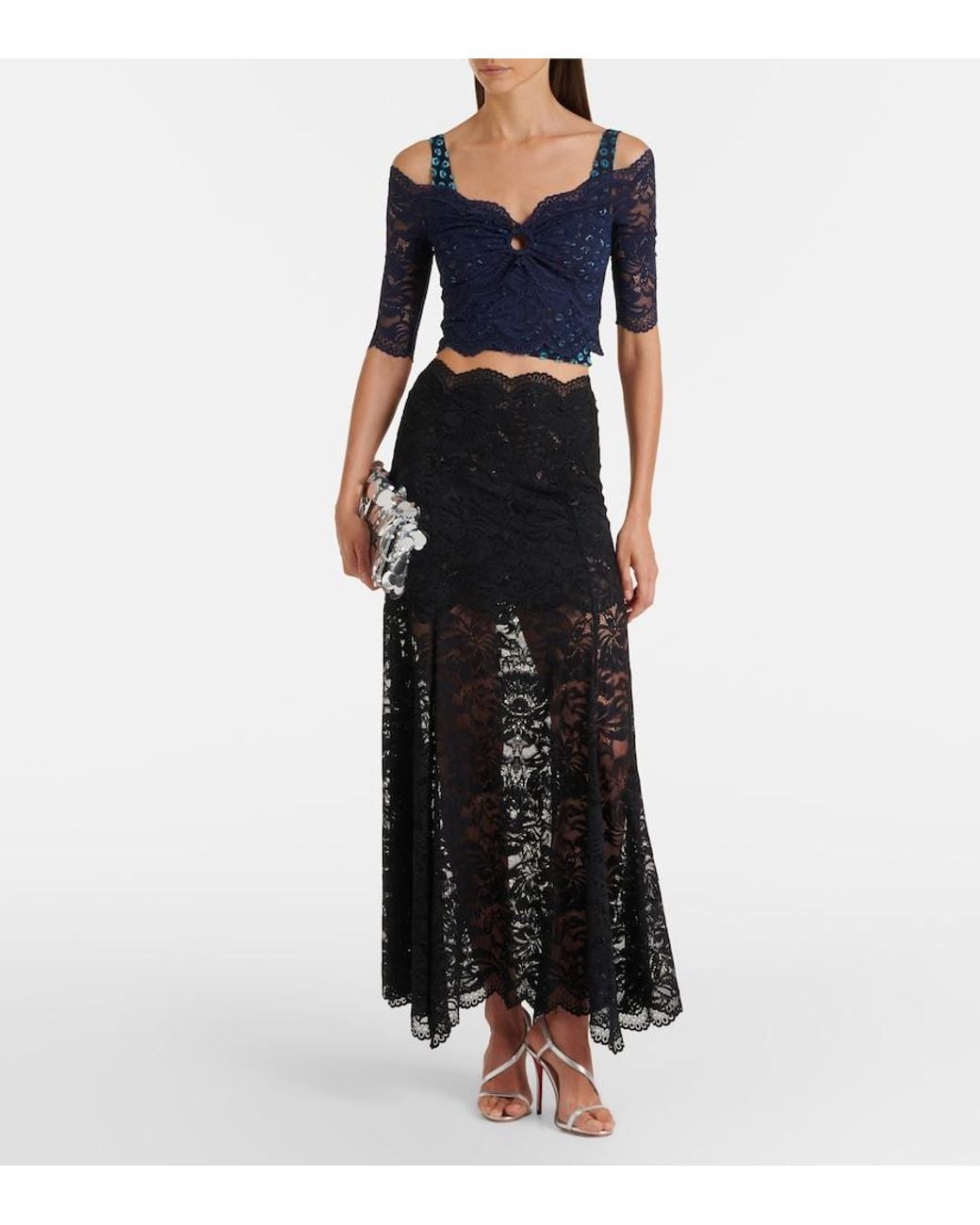 Rabanne Blue Trompe L'Oil Lace And Velvet Crop Top