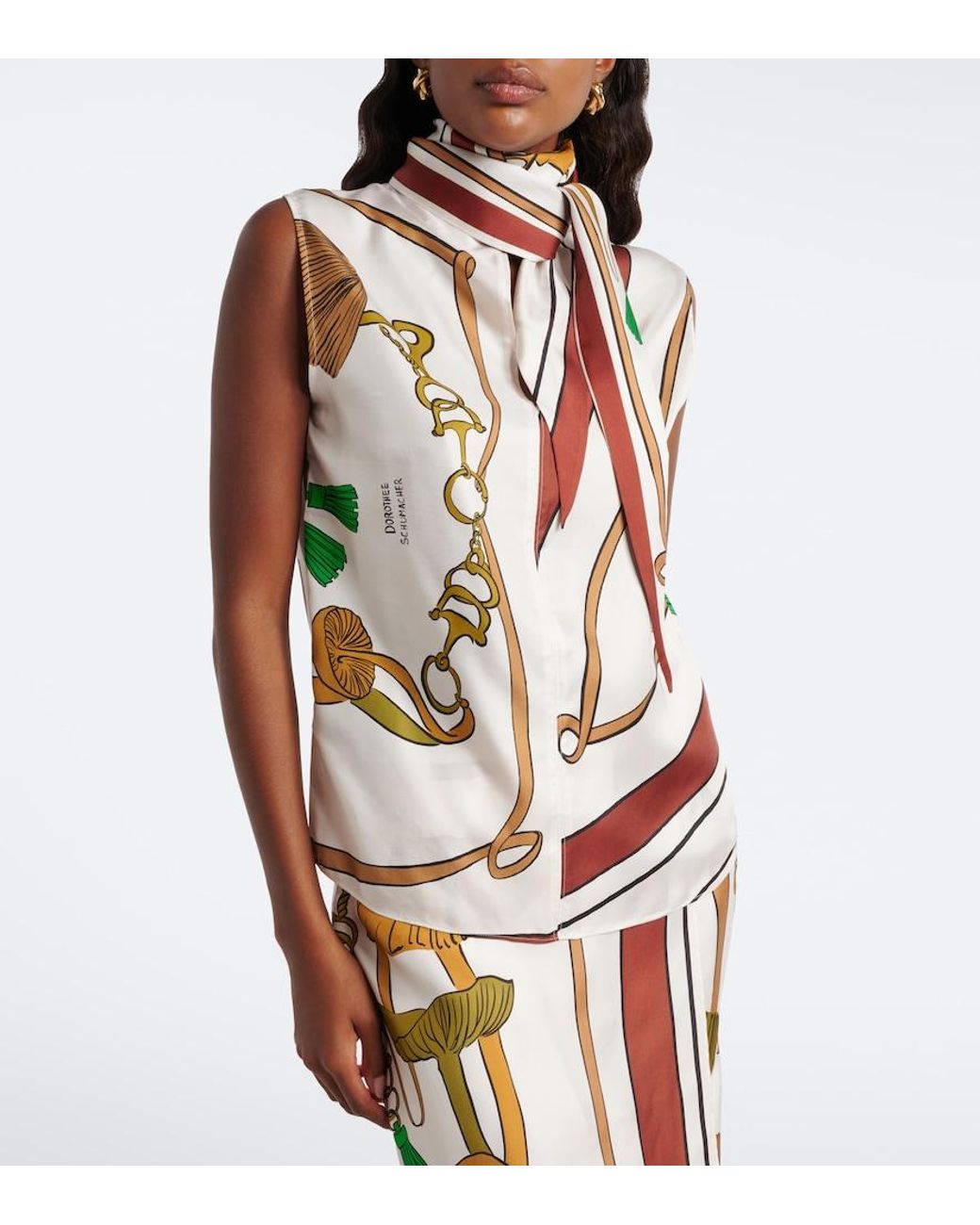 Dorothee Schumacher White Cosmic Funghi Printed Tie-Neck Silk Twill Top