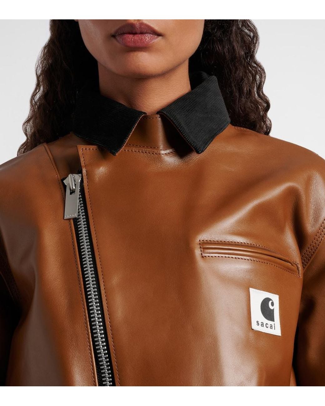 Sacai Brown X Carhartt Asymmetric Leather Jacket