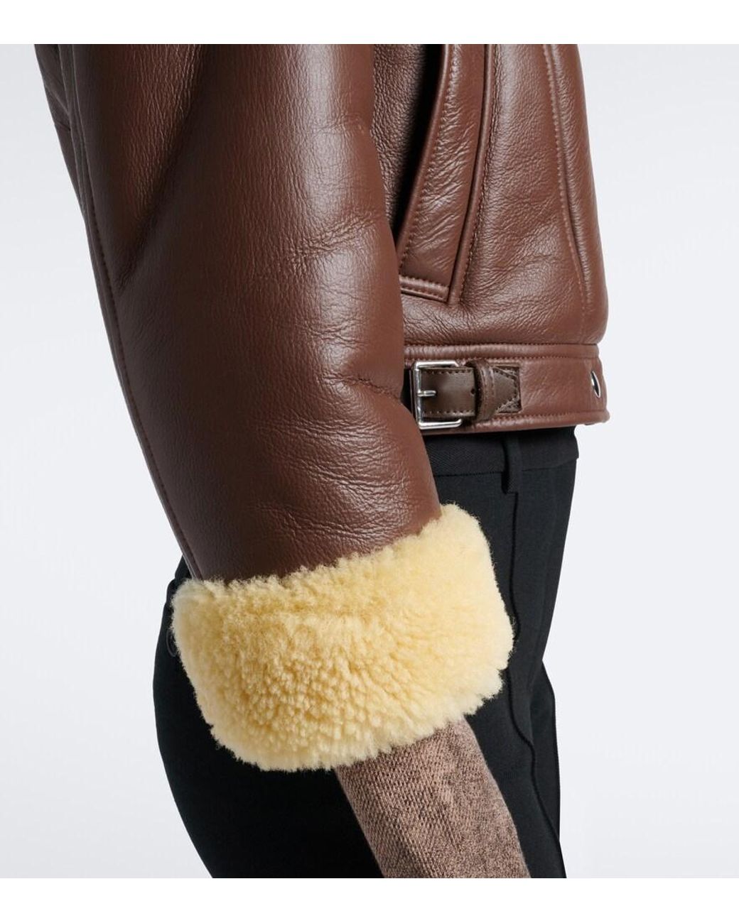 Acne Brown Shearling-Trimmed Leather Biker Jacket