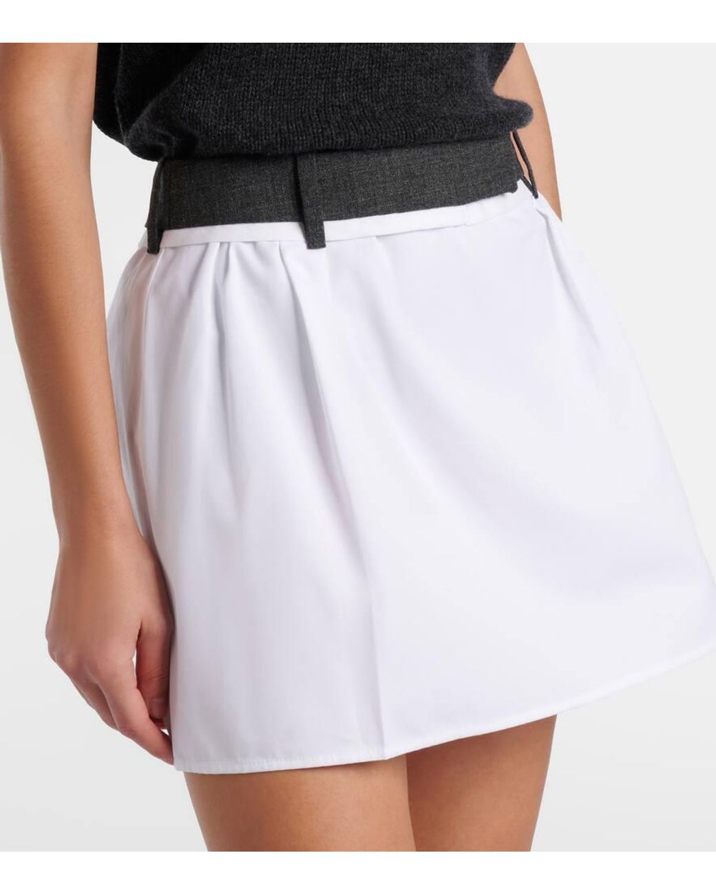 Prada White Pleated Virgin Wool-Trimmed Cotton Miniskirt