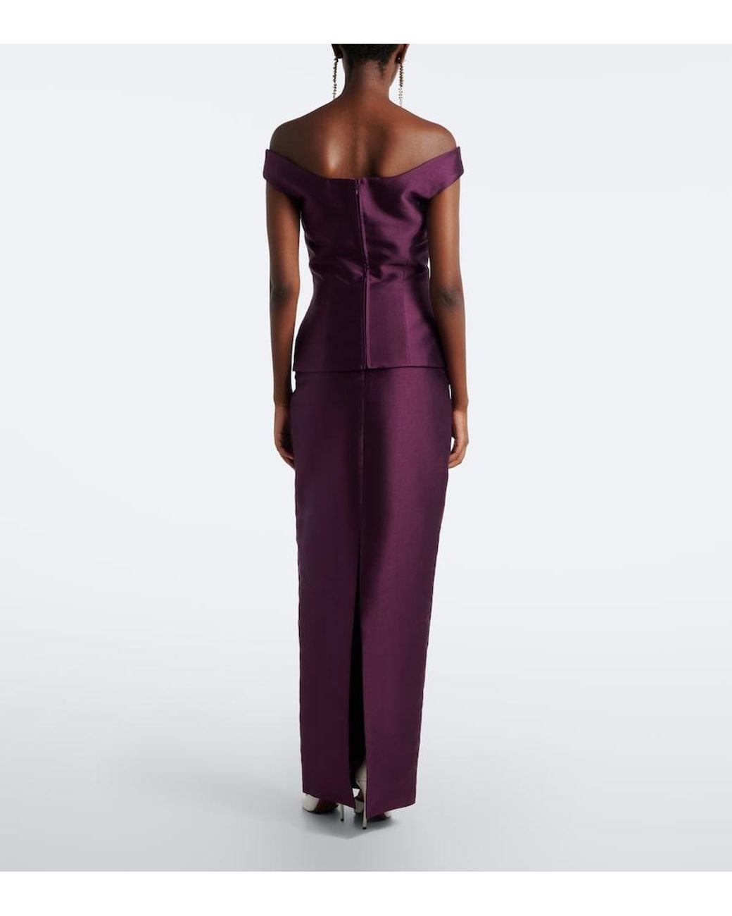 Solace London Purple Pieta Off-Shoulder Peplum Satin Gown