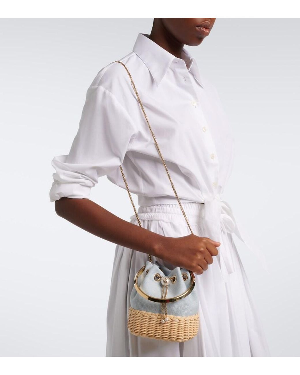 Jimmy Choo Blue Bon Bon Canvas And Wicker Bucket Bag