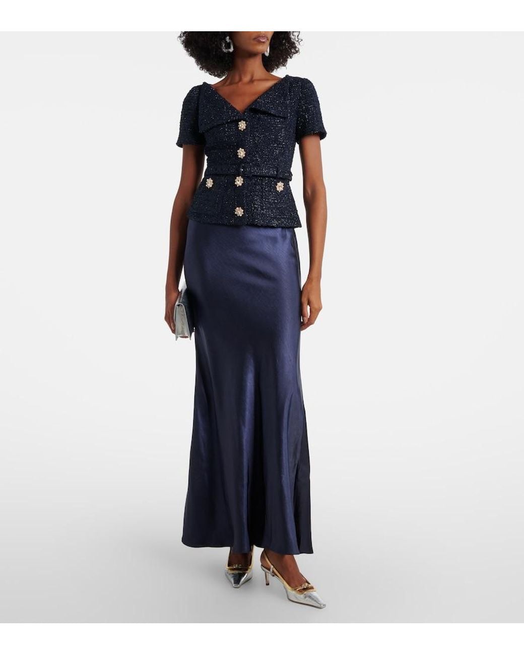 Self-Portrait Blue Embellished Boucle And Satin Maxi Dress